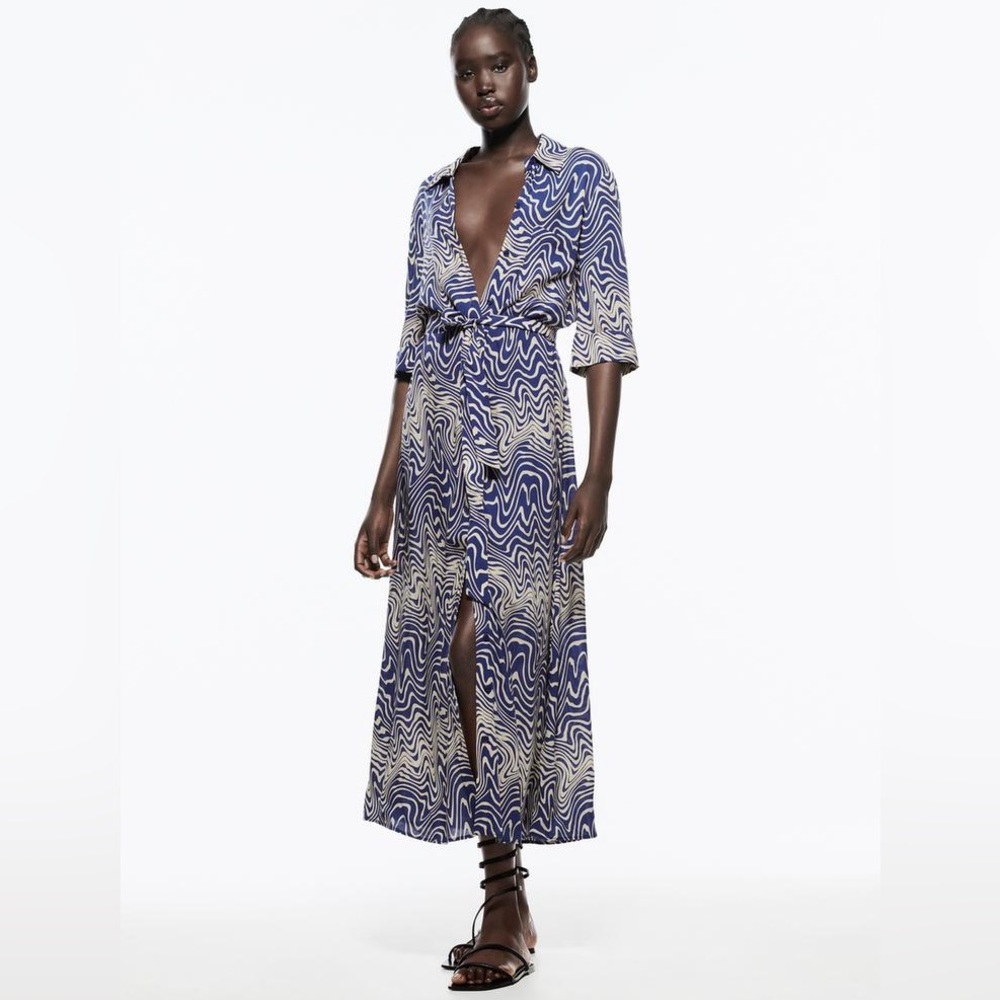 Zara Long Abstract Swirl Print Belted Shirt Dress in Blue and Cream